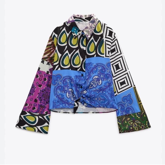 ZARA PATCHWORK BLOUSE WITH KNOT. Size Small. - Picture 8 of 9